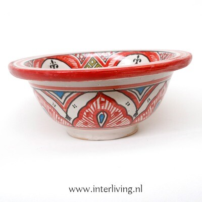 Marokkaanse waskom "Fonteinkom Fez" met olijf groen & zwart en rood tint patronen op wit "S48" - klein rond model - aardewerk (opbouw) wasbak Ø 25 cm