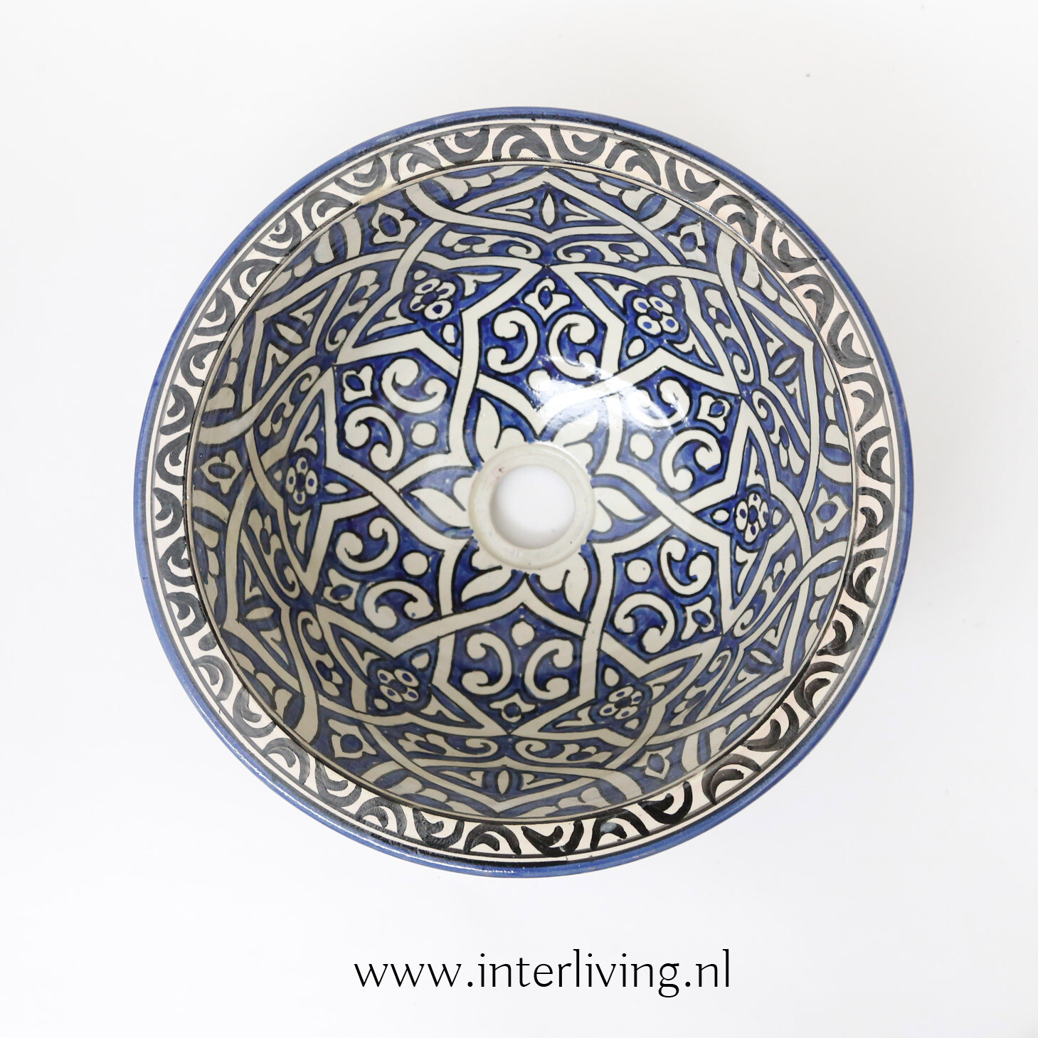 Marokkaanse waskom "Fonteinkom Fez" met blauw tint patronen op wit "M52" - medium model rond - aardewerk (opbouw) wasbak Ø 35 cm