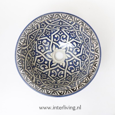 Marokkaanse waskom "Fonteinkom Fez" met blauw tint patronen op wit "M52" - medium model rond - aardewerk (opbouw) wasbak Ø 35 cm