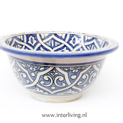 Marokkaanse waskom "Fonteinkom Fez" met blauw tint patronen op wit "M52" - medium model rond - aardewerk (opbouw) wasbak Ø 35 cm