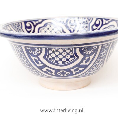 Marokkaanse waskom "Fonteinkom Fez" met blauw tint patronen op wit "M53" - medium model rond - aardewerk (opbouw) wasbak Ø 35 cm