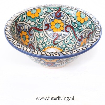 Marokkaanse waskom "Fonteinkom Fez" met gekleurde floral patronen op wit "M55" - medium model rond - aardewerk (opbouw) wasbak Ø 35 cm