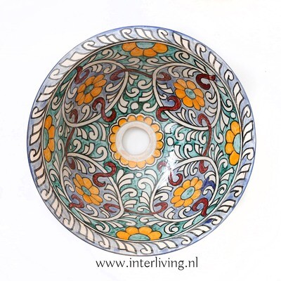 Marokkaanse waskom "Fonteinkom Fez" met gekleurde floral patronen op wit "M55" - medium model rond - aardewerk (opbouw) wasbak Ø 35 cm