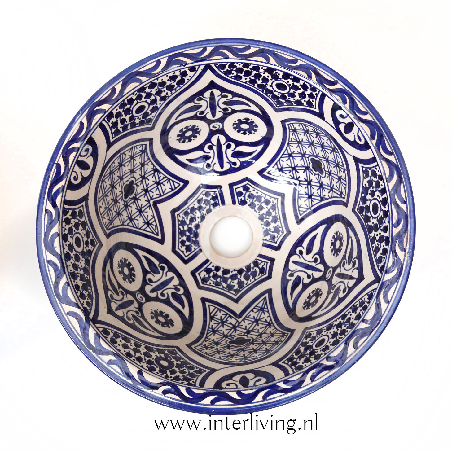 Marokkaanse waskom "Fonteinkom Fez" met blauw tint patronen op wit "M57" - medium model rond - aardewerk (opbouw) wasbak Ø 35 cm