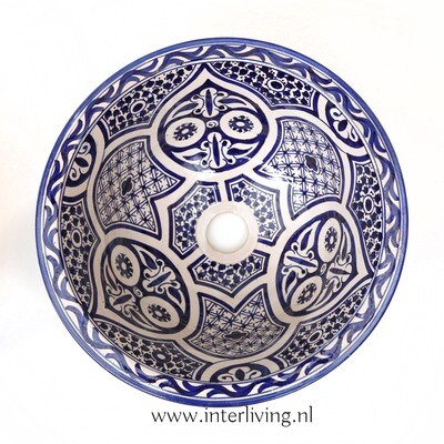 Marokkaanse waskom "Fonteinkom Fez" met blauw tint patronen op wit "M57" - medium model rond - aardewerk (opbouw) wasbak Ø 35 cm