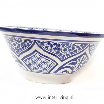 Marokkaanse waskom "Fonteinkom Fez" met blauw tint patronen op wit "M57" - medium model rond - aardewerk (opbouw) wasbak Ø 35 cm