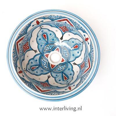 Marokkaanse waskom Marokkaanse waskom "Fonteinkom Fez" met blauw tint patronen & warm rode accenten op wit "M65" - medium model rond - aardewerk (opbouw) wasbak Ø 35 cm