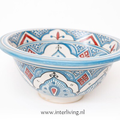 Marokkaanse waskom "Fonteinkom Fez" met blauw tint patronen & warm rode accenten op wit "M65" - medium model rond - aardewerk (opbouw) wasbak Ø 35 cm