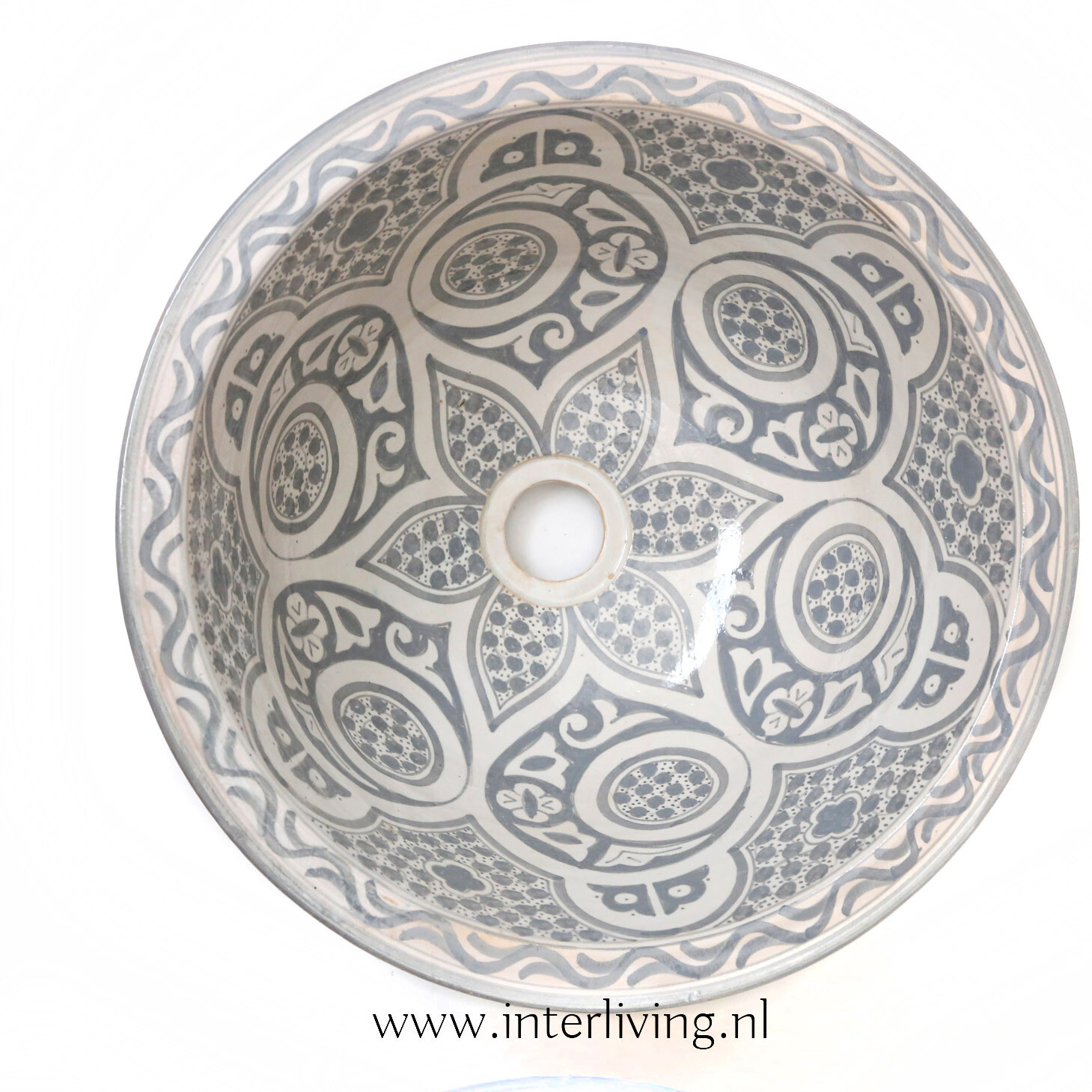 Marokkaanse waskom "Fonteinkom Fez" grijs geschilderde patronen op wit "L70" - groot rond model van aardewerk (opbouw) wasbak Ø 40 cm - Boho badkamer