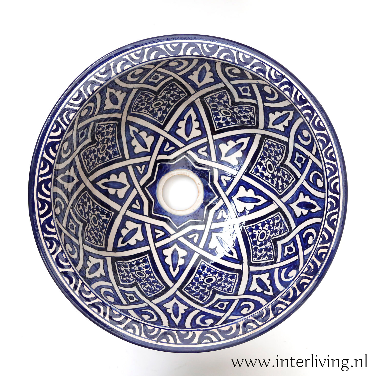 Marokkaanse waskom "Fonteinkom Fez" met inkt blauw geschilderde patronen op wit "L75" - groot rond model van aardewerk (opbouw) wasbak Ø 40 cm