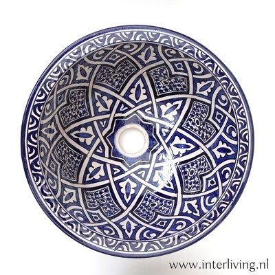 Marokkaanse waskom "Fonteinkom Fez" met inkt blauw geschilderde patronen op wit "L75" - groot rond model van aardewerk (opbouw) wasbak Ø 40 cm