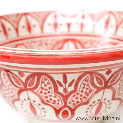 Marokkaanse waskom "Fonteinkom Fez" met warm rood geschilderde patronen op wit "L81" - groot rond model van aardewerk (opbouw) wasbak Ø 40 cm