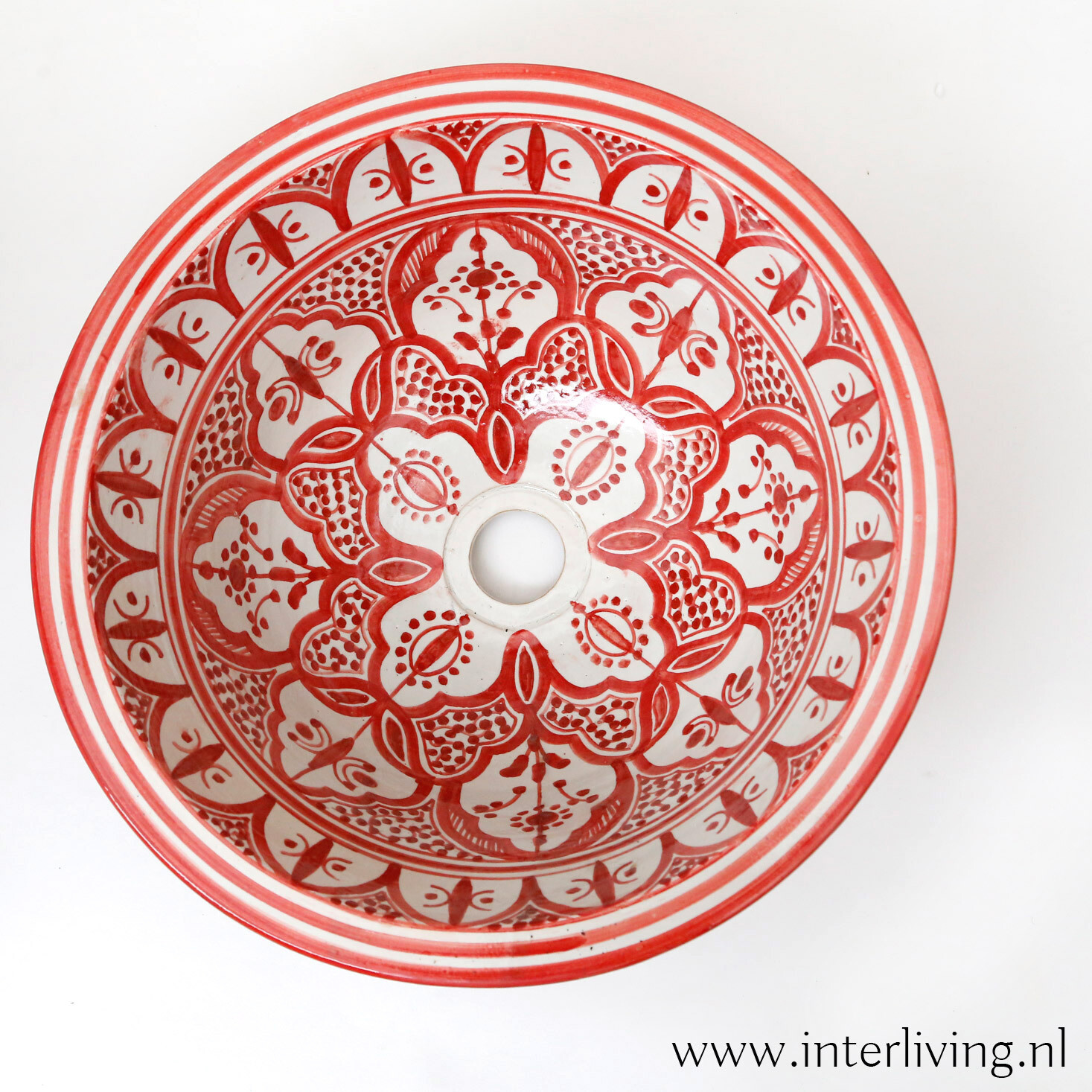 Marokkaanse waskom "Fonteinkom Fez" met warm rood geschilderde patronen op wit "L81" - groot rond model van aardewerk (opbouw) wasbak Ø 40 cm