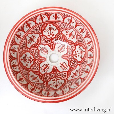 Marokkaanse waskom "Fonteinkom Fez" met warm rood geschilderde patronen op wit "L81" - groot rond model van aardewerk (opbouw) wasbak Ø 40 cm