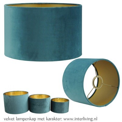 Velvet touch lampenkap- kleur oceaan blauw met goud messing kleur binnenkant - ronde kap van velours fluwelen stof in diverse cilinder maten ø 15 / 30 / 35 Velvet touch lampenkap- kleur oceaan blauw met goud messing kleur binnenkant - ronde kap van velours fluwelen stof in diverse cilinder maten ø 15 / 30 / 35