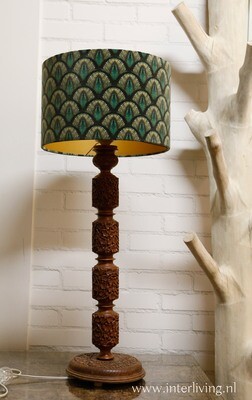 Velvet Peacock lampenkap - patroon pauwoog met goud - ronde kap van fluweel stof - cilinder maten ø 20 / 35 /  40