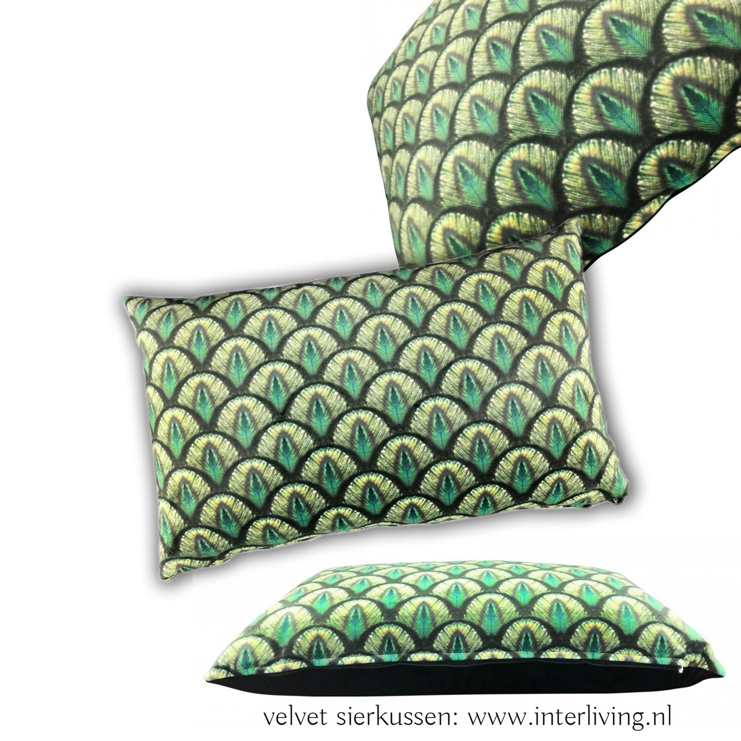 sierkussen rechthoekig in pauw groen goud tinten - velvet zacht fluweel - 40 x 60 cm