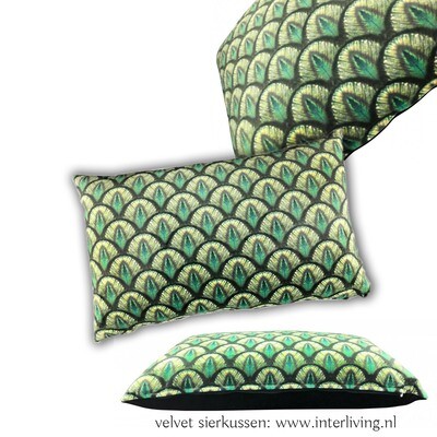 sierkussen rechthoekig in pauw groen goud tinten - velvet zacht fluweel - 40 x 60 cm
