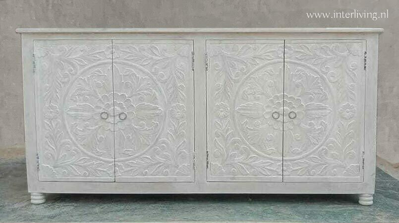 Dressoir white washed mangohout met lotus houtsnijwerk 150 x 76 x 40 cm