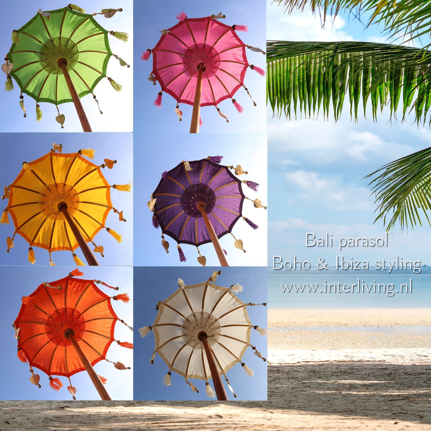 Twee graden storting Nadenkend tafelparasol uit Bali 50 cm - Tedung - versierde kleine Balinese parasols  met kwastjes en hangers in de kleuren wit / geel / groen / roze / paars en  oranje - handgemaakt met teakhout voet