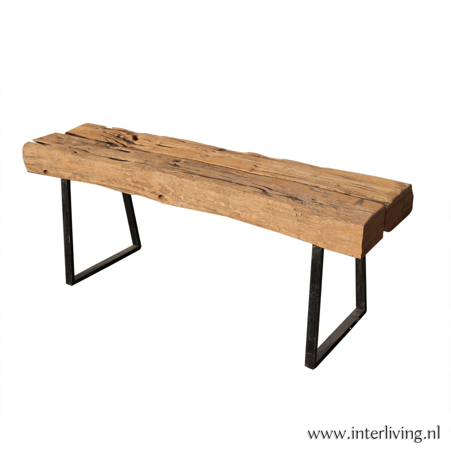 Oude spoorwegbielzen eetbank - antiek langwerpig model met frame van staal - handgemaakt van hergebruikt massief teakhout - landelijke stoere stijl - Original Home - eco uniek design