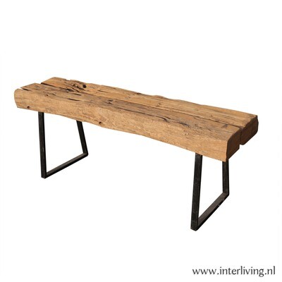 Oude spoorwegbielzen eetbank - antiek langwerpig model met frame van staal - handgemaakt van hergebruikt massief teakhout - landelijke stoere stijl - Original Home - eco uniek design Oude spoorwegbielzen eetbank - antiek langwerpig model met frame van staal - handgemaakt van hergebruikt massief teakhout - landelijke stoere stijl - Original Home - eco uniek design