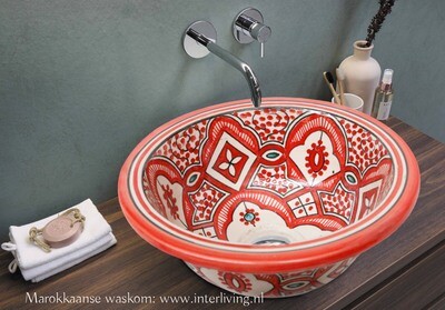 Marokkaanse waskom "Fonteinkom Fez" met aqua &amp; rood tint patronen op wit "S45" - klein rond model - aardewerk (opbouw) wasbak Ø 25 cm