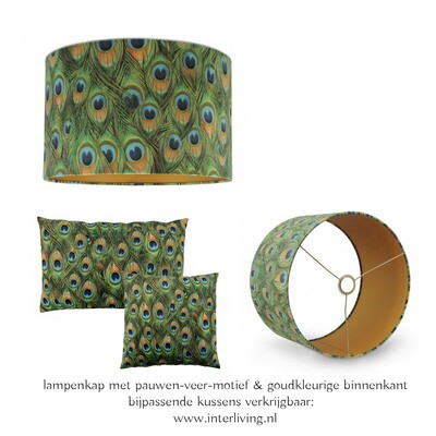 Velvet pauw veer lampenkap- patroon grote pauwenoog met  binnenkant goud kleur - ronde cilinder kap van fluweel stof