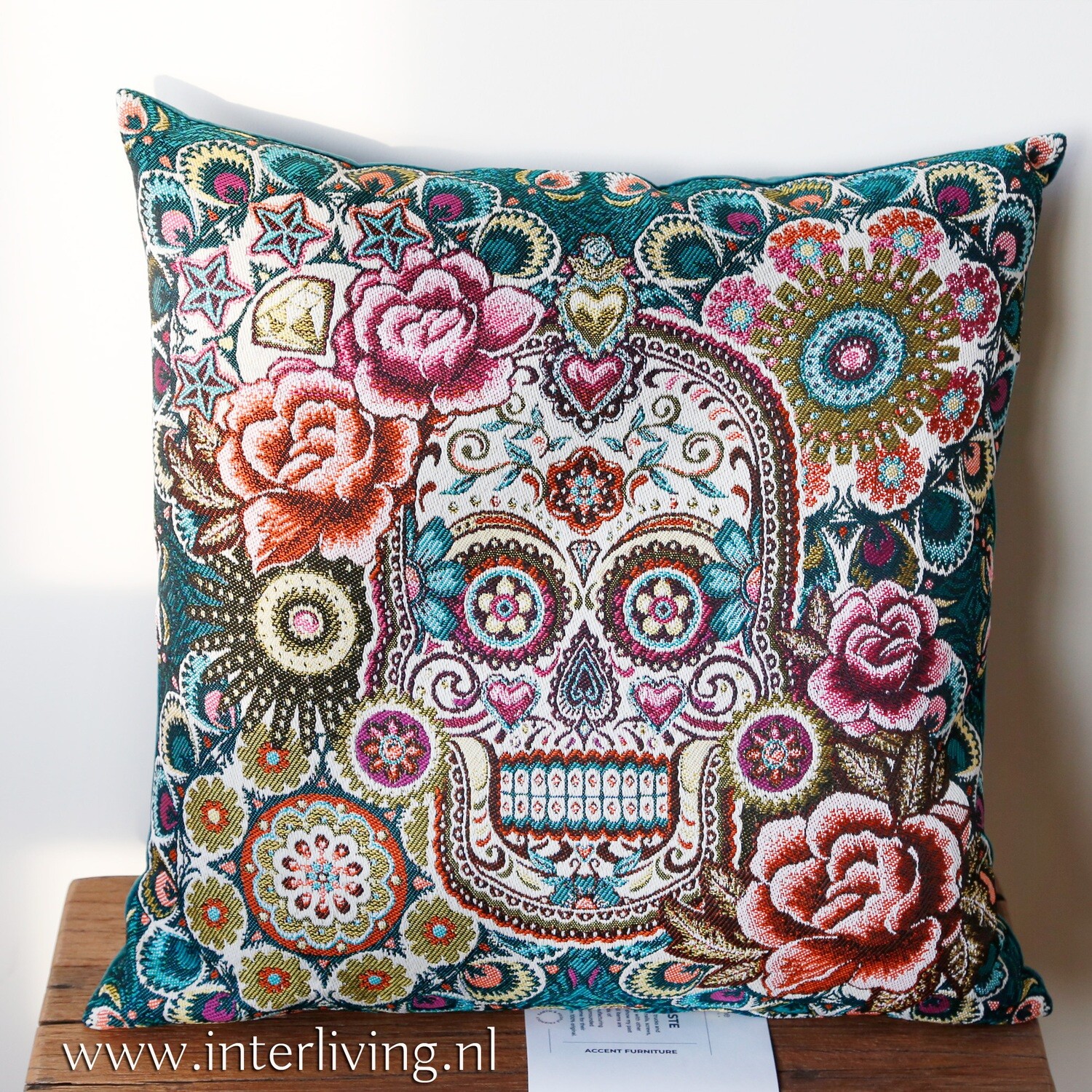 kussen "Fiesta Mexico" Mexicaanse schedel hippy stijl - 45 cm - kleurrijk Etnic geweven borduurwerk stijl op wit - handgemaakt van jacquard stof met velvet fluweel achterkant groen