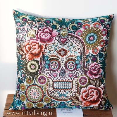 kussen kussen "Fiesta Mexico" Mexicaanse schedel hippy stijl - 45 cm - kleurrijk Etnic geweven borduurwerk stijl op wit - handgemaakt van jacquard stof met velvet fluweel achterkant groen