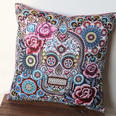 kussen kussen "Fiesta Mexico" Mexicaanse schedel hippy style - 45 cm - kleurrijk geweven en omkeerbaar - handgemaakt van jacquard stof met velvet achterkant rood (Dia de los muertos) Bohemian stijl