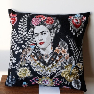 kussen Hippy & Boho style kussen Hippy & Boho style "Frida Kahlo Mexico" Mexicaanse kleurrijk - bont geweven borduurwerk stijl op zwart - handgemaakt & omkeerbaar van jacquard stof & velvet fluweel achterkant black