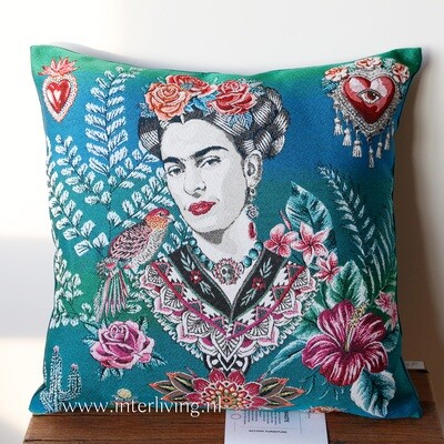 kussen Hippy & Boho style kussen Hippy & Boho style "Frida Kahlo Mexico" Mexicaanse kleurrijk - bont geweven borduurwerk stijl op blauw groen - handgemaakt & omkeerbaar van jacquard stof & velvet fluweel achterkant ocean