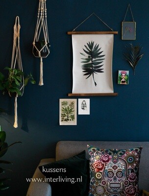 kussen "Fiesta Mexico" Mexicaanse schedel hippy stijl - 45 cm - kleurrijk Etnic geweven borduurwerk stijl op wit - handgemaakt van jacquard stof met velvet fluweel achterkant groen