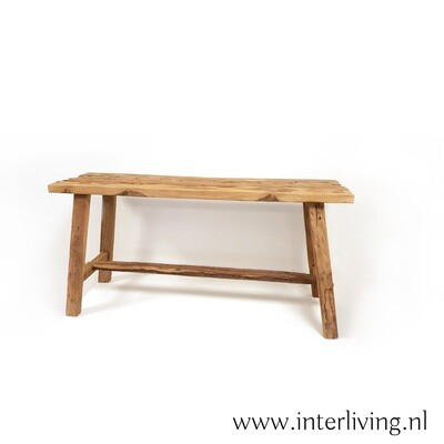 Oude bank / eettafel kruk van naturel organisch massief teakhout - handgemaakt &amp; hergebruikt hout - landelijke stoere stijl - eco design