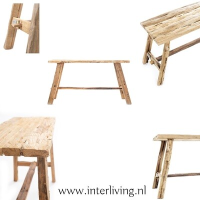 Oude bank / eettafel kruk van naturel organisch massief teakhout - handgemaakt &amp; hergebruikt hout - landelijke stoere stijl - eco design