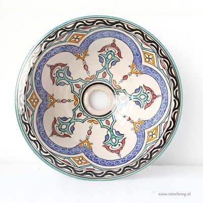 Marokkaanse waskom "Fonteinkom Fez" - "Althalj" - kleurrijk met blauw "M116" - medium model rond - aardewerk (opbouw) wasbak Ø 35 cm