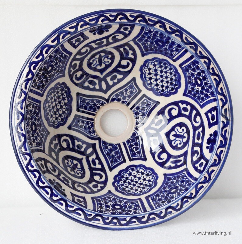 Marokkaanse waskom &quot;Fonteinkom Fez&quot; - &quot;Mawja&quot; - diep blauw &quot;M120&quot; - medium model rond - aardewerk (opbouw) wasbak Ø 35 cm