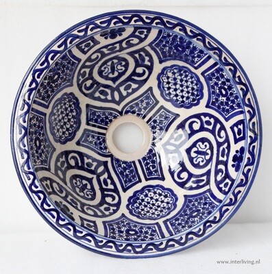 Marokkaanse waskom "Fonteinkom Fez" - "Mawja" - diep blauw "M120" - medium model rond - aardewerk (opbouw) wasbak Ø 35 cm