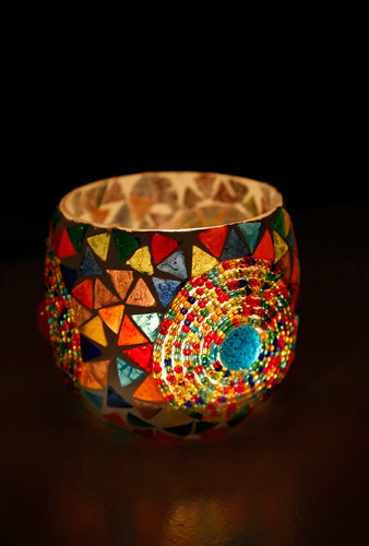 Twee stuks waxinehouders multi colour mozaiek&kralen