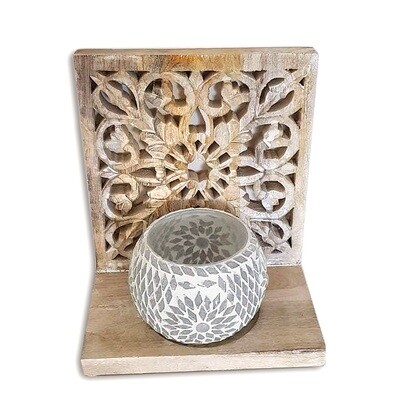 Boho houten kandelaar met houtsnijwerk van mandala patroon - white washed mangohout - decoratief staand vierkant paneel met grote waxinehouder - turks mozaiek Boho houten kandelaar met houtsnijwerk van mandala patroon - white washed mangohout - decoratief staand vierkant paneel met grote waxinehouder - turks mozaiek