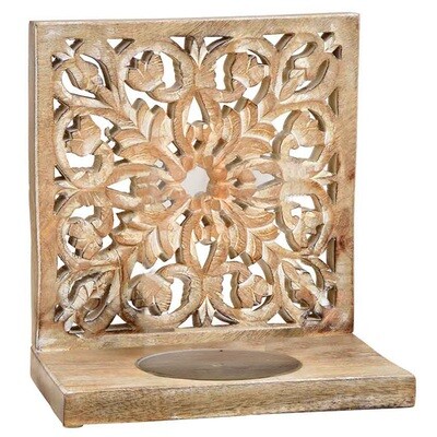 Boho houten kandelaar met houtsnijwerk van mandala patroon - white washed mangohout - decoratief staand vierkant paneel
