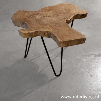 salontafel - organische bijzettafel met boomstam tafelblad - teak root design - massief hout met drie stalen hairpin poten zwart - industrieel grillig stoer & uniek salontafel - organische bijzettafel met boomstam tafelblad - teak root design - massief hout met drie stalen hairpin poten zwart - industrieel grillig stoer & uniek