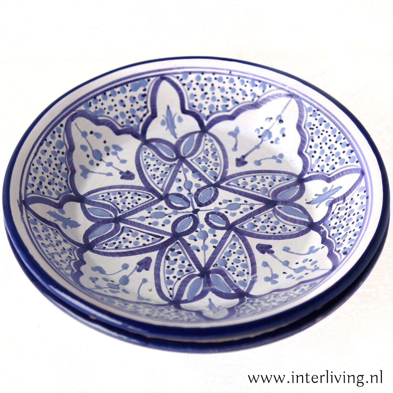 Bord Ø 24 cm Marokkaans aardewerk - licht blauwe patronen  - servies met Arabische blauw wit decoraties "Tebsis Bakir" - traditioneel handgemaakt keramiek & handbeschilderd (maaltijd)