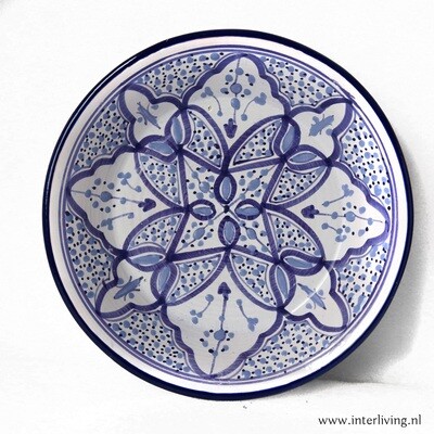 Bord Ø 24 cm Marokkaans aardewerk - licht blauwe patronen - servies met Arabische blauw wit decoraties "Tebsis Bakir" - traditioneel handgemaakt keramiek & handbeschilderd (maaltijd)
