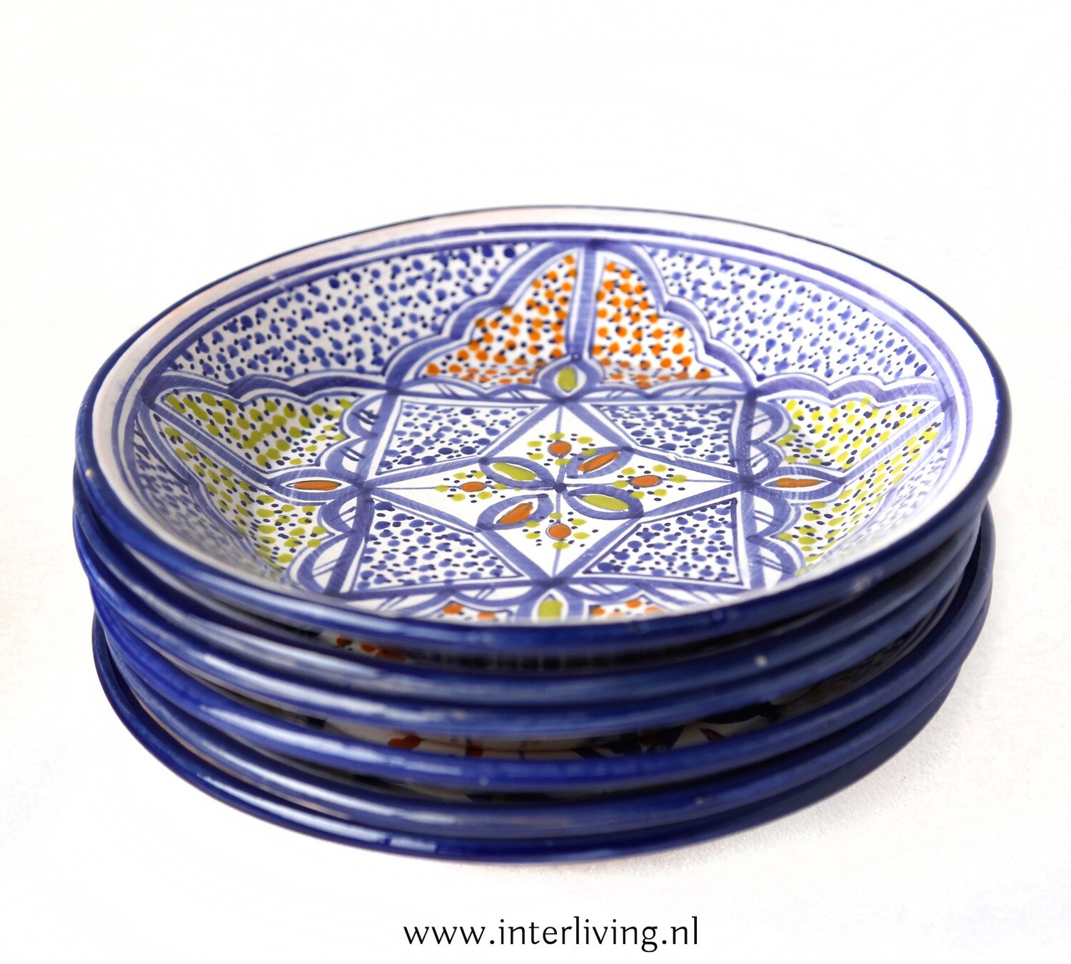 Bord Ø 24 cm Marokkaans aardewerk uit Safi - gekleurd servies met Arabische decoraties "Tebsis Bakir" - traditioneel handgemaakt keramiek & handbeschilderd (tafel styling)