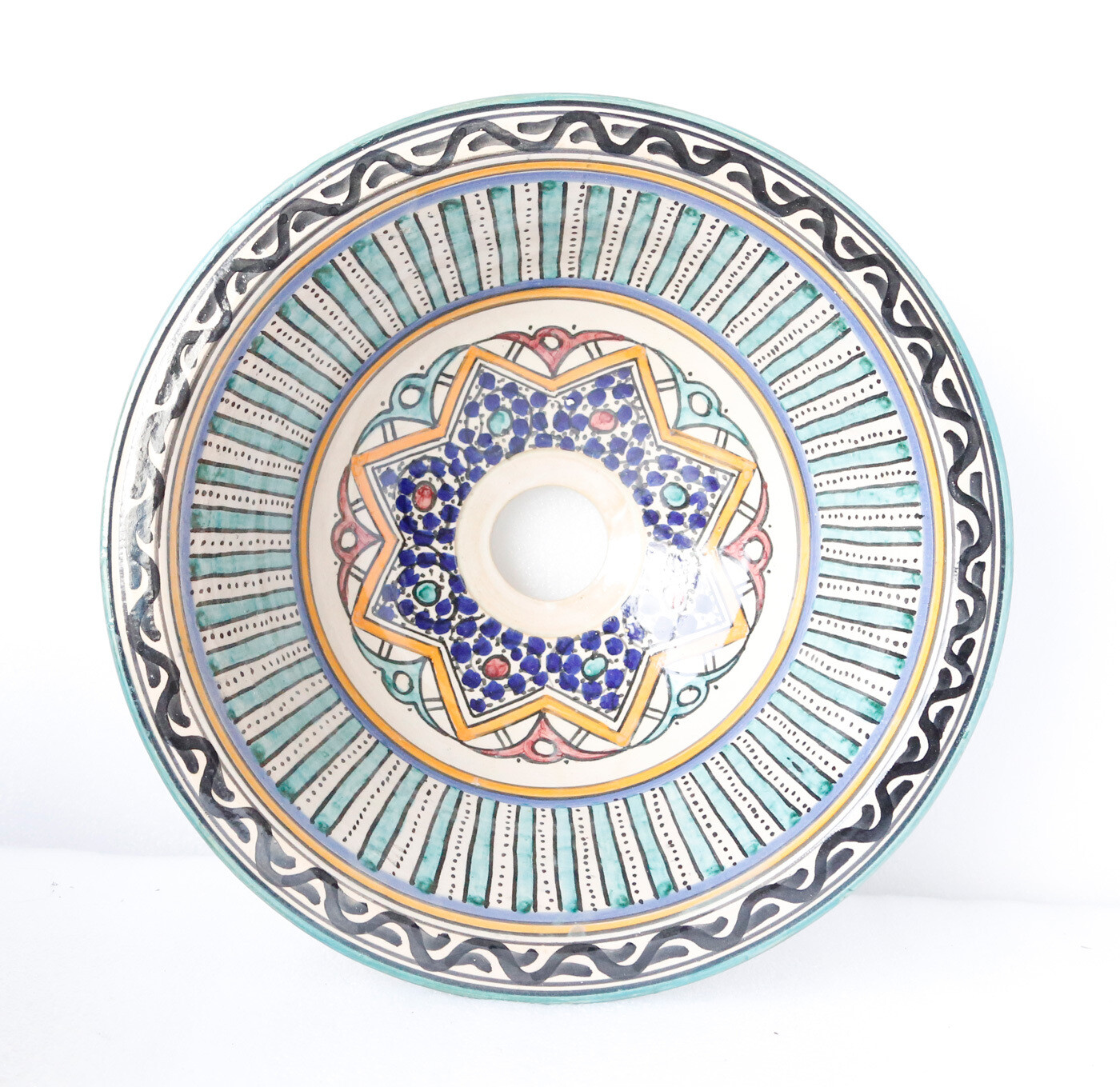 Marokkaanse waskom "Fonteinkom Fez" - "Zwina" -  groen/oranje accenten met gebroken wit - "S126A" - medium model rond - aardewerk (opbouw) wasbak Ø 25 cm