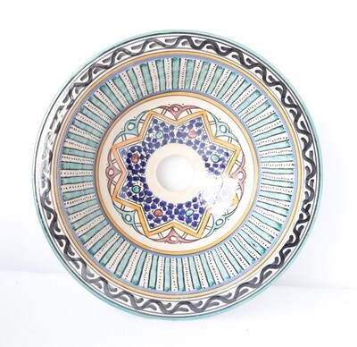 Marokkaanse waskom Marokkaanse waskom "Fonteinkom Fez" - "Zwina" - groen/oranje accenten met gebroken wit - "SM126A" - medium model rond - aardewerk (opbouw) wasbak Ø 30 cm