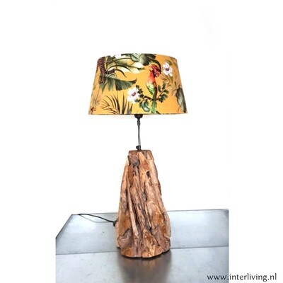 Lampenkap "jungalow Brasil"  velvet oker geel met gouden binnenkant & een lampenvoet van stukjes teakhout 45 cm