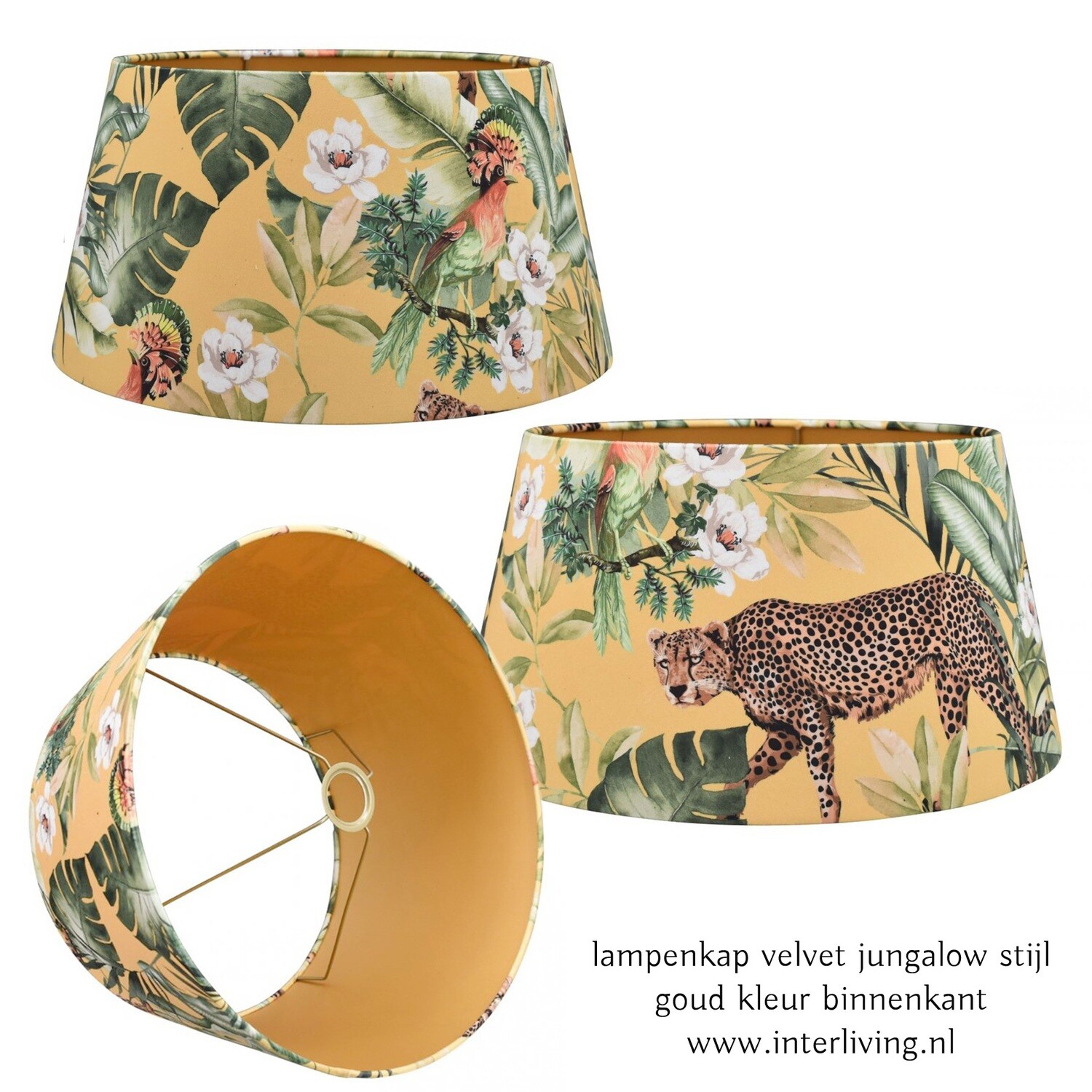 Boho Lampenkap "jungalow Brasil"  velvet oker geel met gouden binnenkant - luxe warme sfeermaker in huis